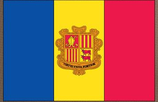Andorra flag sticker with vertical blue, yellow, and red stripes and centered coat of arms