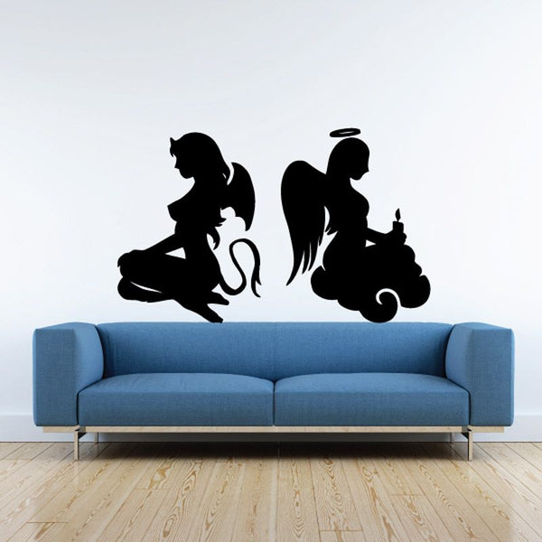 Angel and devil wall decal with black silhouettes of two facing figures