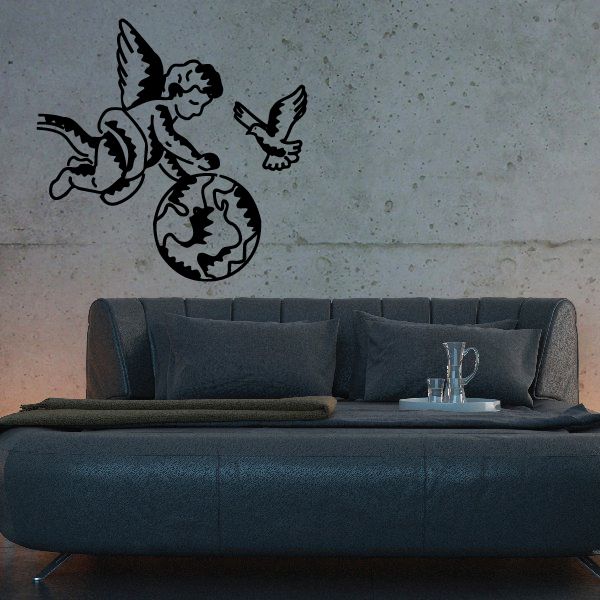 Wall decal of angel and dove over a globe