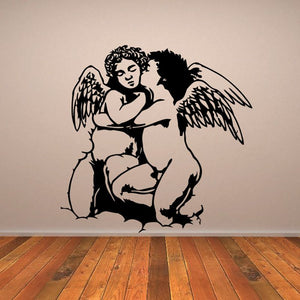 Kissing angel children wall decal with black line art and wings