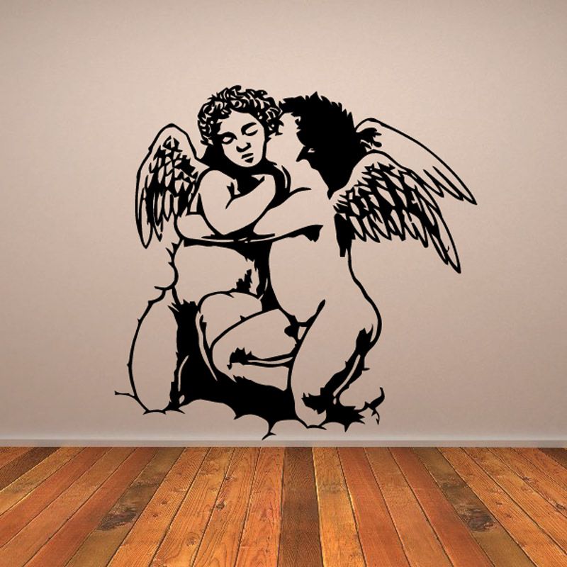 Kissing angel children wall decal with black line art and wings