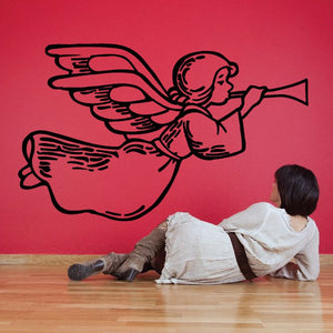 Angel girl playing trumpet wall decal, black line art with wings and trumpet