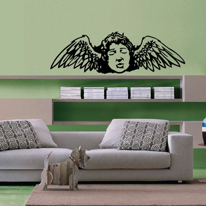 Angel head with wings wall decal, black graphic
