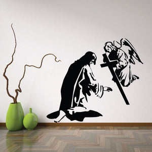 Prayer decal of a kneeling angel holding a cross, black silhouette