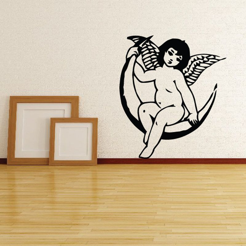 Black angel on moon wall decal silhouette