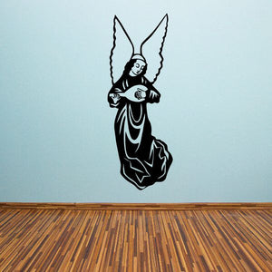 Angel playing ukulele vinyl decal, black outline with wings