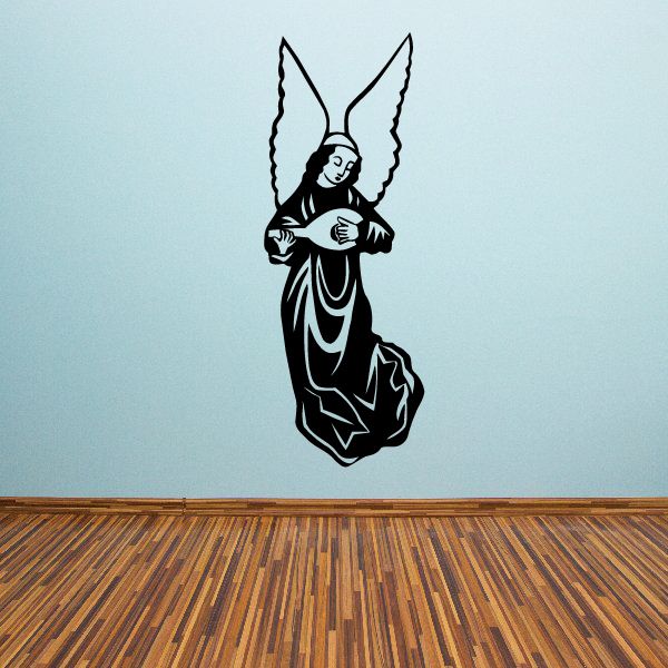 Angel playing ukulele vinyl decal, black outline with wings
