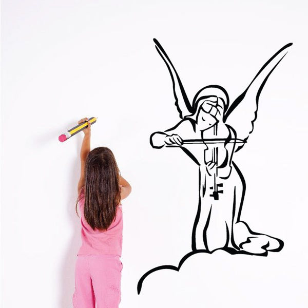 Angel playing violin wall decal with black outline and spread wings