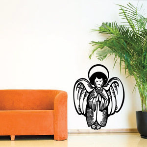 Praying angel wall decal in black outline, with oval halo and spread wings