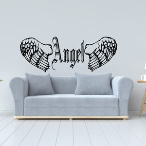 Angel wings and text decal with dark outlined lettering on light background