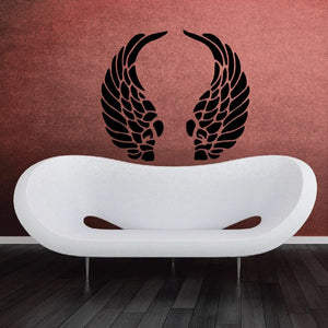 Black angel wing decal with symmetrical feather design, spread wings