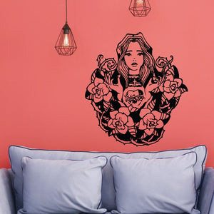 Angel floral decal with black line art of a woman holding flowers