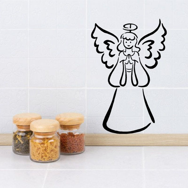 Angel halo wall decal with black outlined winged figure