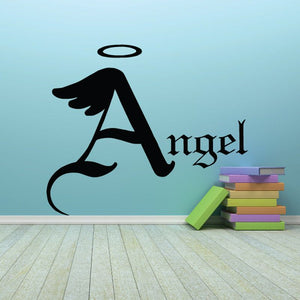 Angel wall decal: black haloed angel silhouette with cursive 'Angel' text