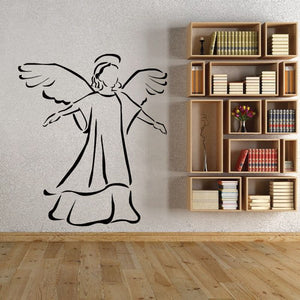 Angel wall decal with open arms, black line art