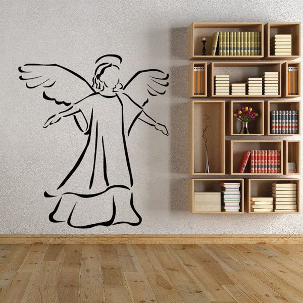Angel wall decal with open arms, black line art