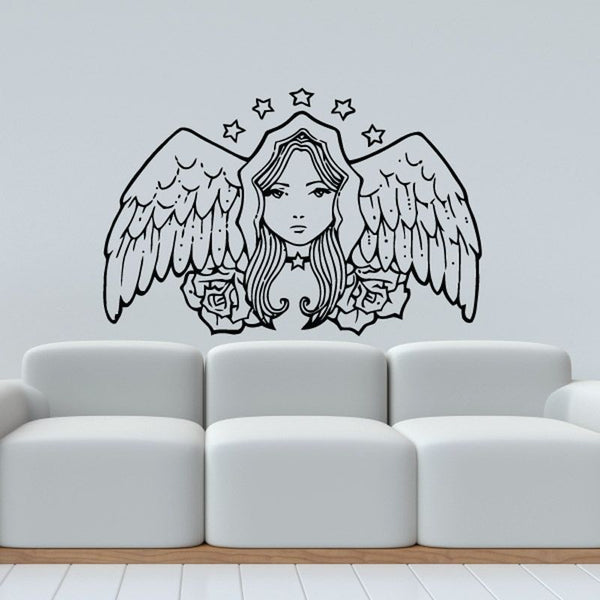 Angel with Roses wall decal, outlined angel with wings, rose, and small stars.