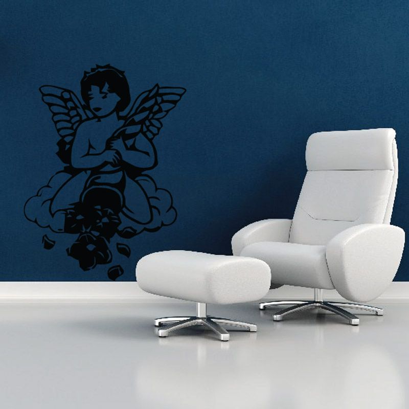 Angel with shell wall decal, dark winged cherub silhouette holding shell