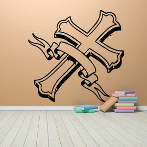 Angled cross wall decal with scroll ornament, black design