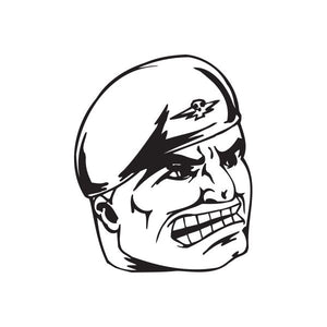 Angry soldier face decal with beret, black and white graphic