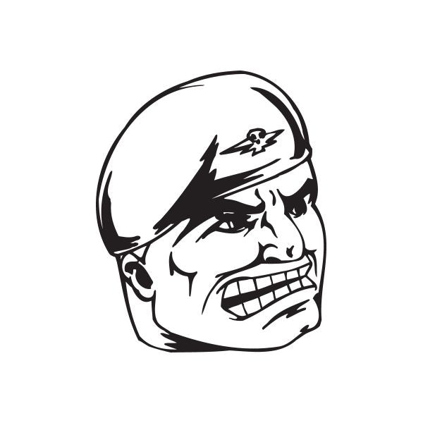 Angry soldier face decal with beret, black and white graphic