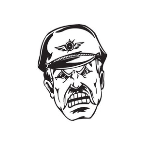 Angry officer face decal with black-and-white hat and thick mustache