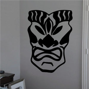 Angry tiki mask decal: black mask with bold white outline and flame-like hair