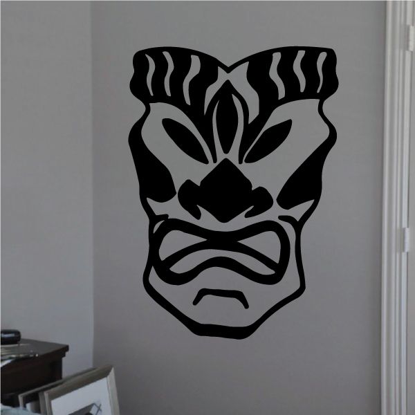 Angry tiki mask decal: black mask with bold white outline and flame-like hair