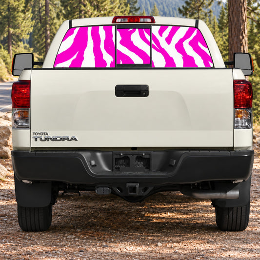 Zebra rear window view graphic decal in bright pink and white stripes