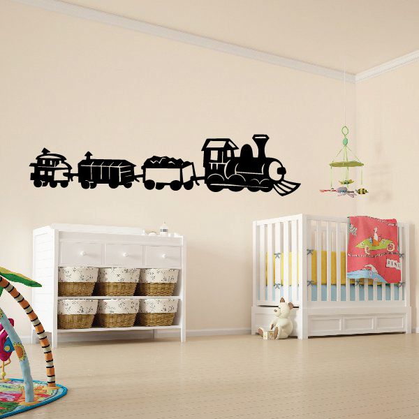 Black animated train wall decal with engine and cars