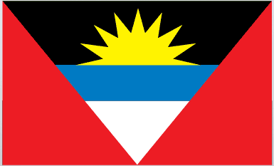 Antigua and Barbuda flag sticker, rectangular design with sun, blue bands, and red triangles