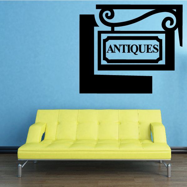 Antiques sign decal with ornate black frame and inner border, text “ANTIQUES”