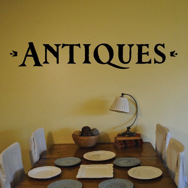 Antiques wall decal with bold black decorative lettering