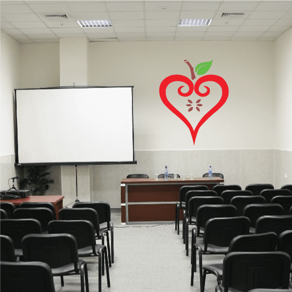 Apple heart wall decal with red heart shape, green apple leaf, and white outline