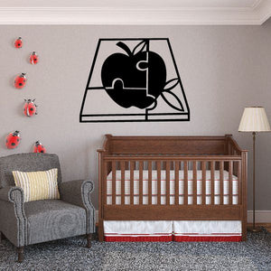 Black apple puzzle wall decal vinyl with leaf and puzzle outline