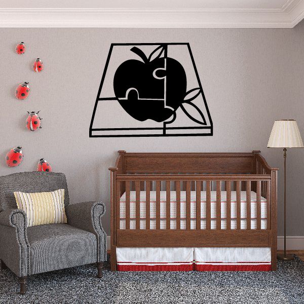 Black apple puzzle wall decal vinyl with leaf and puzzle outline