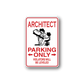 Architect parking only sticker with red border, ARCHITECT and PARKING ONLY text, arrows