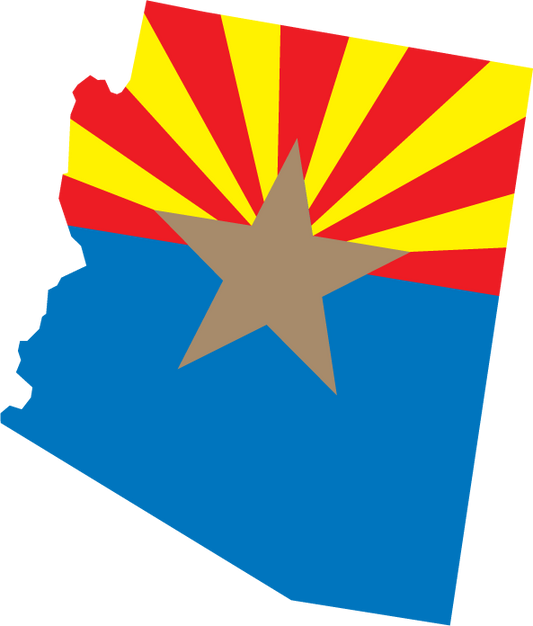 Arizona state flag shape sticker with red, yellow, blue stripes and central star