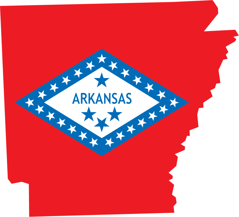 Arkansas flag sticker shaped like Arkansas outline, blue star diamond with “ARKANSAS”