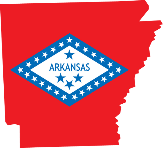 Arkansas flag sticker shaped like Arkansas outline, blue star diamond with “ARKANSAS”