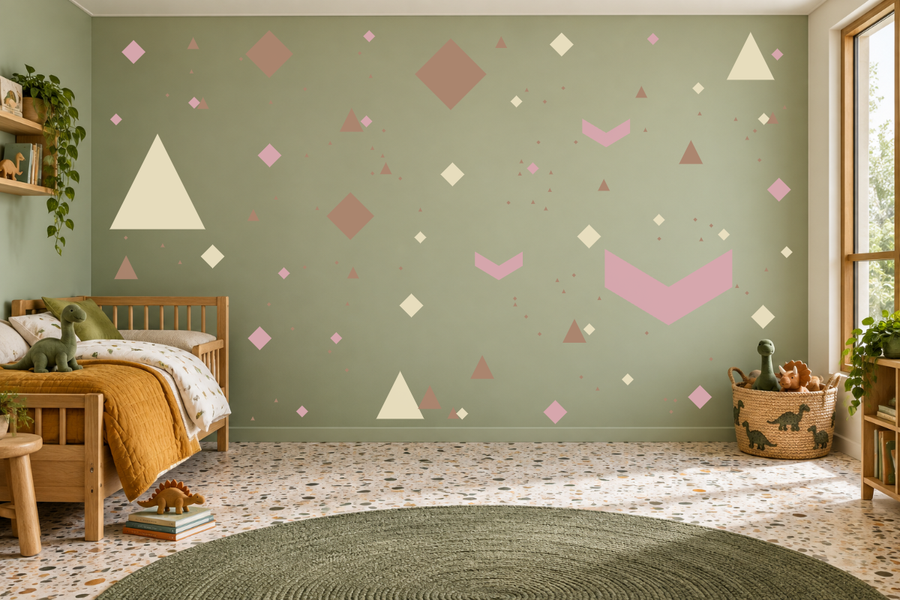 Geometric wall decal kit with pastel triangles, diamonds, and chevrons in pink, tan, and cream