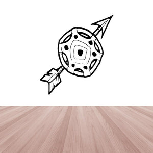 Arrow and shield decal with cartoon helmet face and arrow motif, black and white