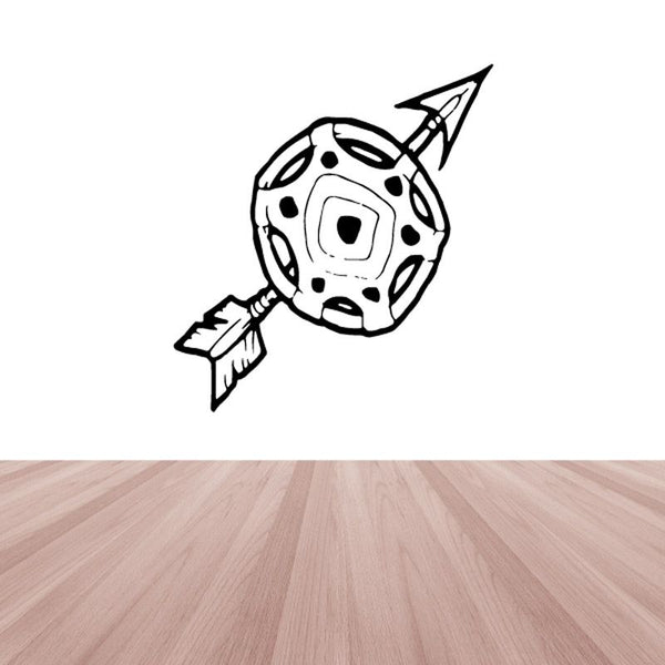 Arrow and shield decal with cartoon helmet face and arrow motif, black and white