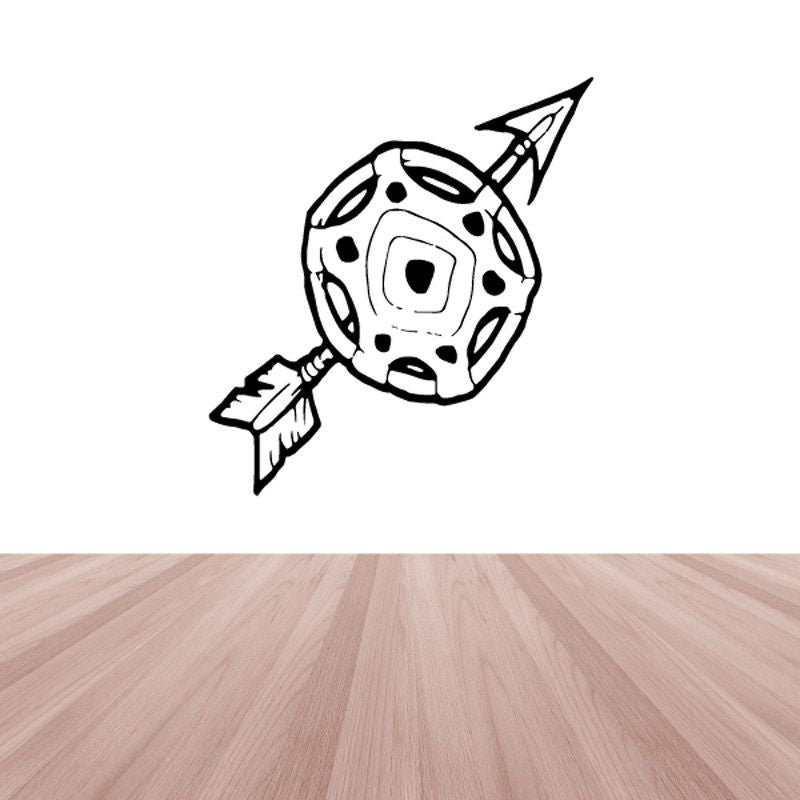 Arrow and shield decal with cartoon helmet face and arrow motif, black and white