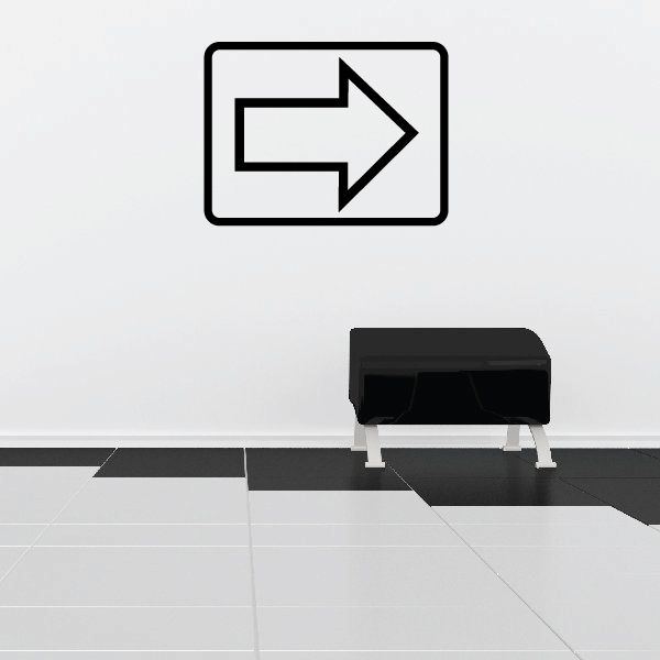 Right-pointing arrow wall decal in black outline with white fill inside rounded rectangle