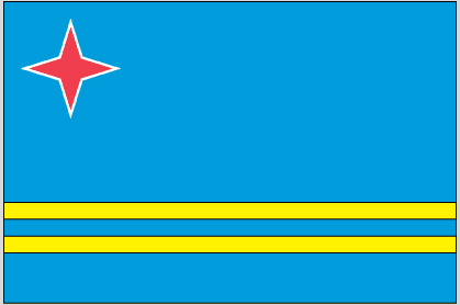 Aruba flag sticker with blue background, red four-point star, and yellow/gold stripes.