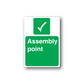 Assembly point sticker in green with white checkmark and “Assembly point” text