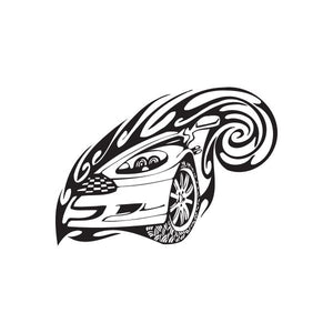 Stylized car wrap decal in black-and-white with flame swirls and wheel details