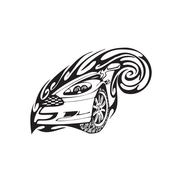 Stylized car wrap decal in black-and-white with flame swirls and wheel details