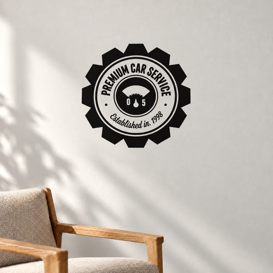 Round gear-shaped car service sticker in black and white with Premium Car Service text